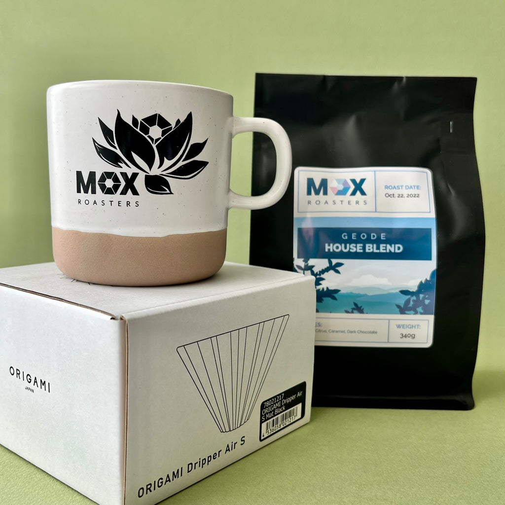 Mox Emerald bundle includes: one Mox Roasters mug, one resin Origami, and one bag of Mox Roasters House Blend
